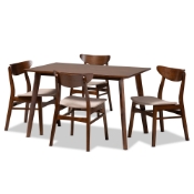 Baxton Studio Orion Mid-Century Modern Transitional Light Beige Fabric Upholstered and Walnut Brown Finished Wood 5-Piece Dining Set